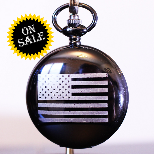 American Flag Tattered Patriotic Engraved Pocket Watch